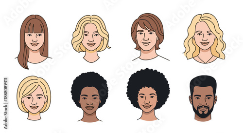 Various human face avatars representing different ethnicities and hairstyles are presented in a simple and clean cartoonish illustration style.