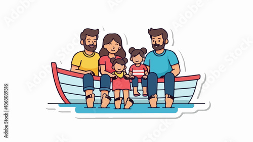 A family of four, two adults and two children, sitting together in a boat