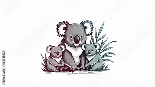 A family of three koalas sits together surrounded by eucalyptus leaves and grass