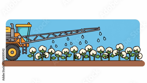 A farming machine sprays a field of cotton plants under a blue sky