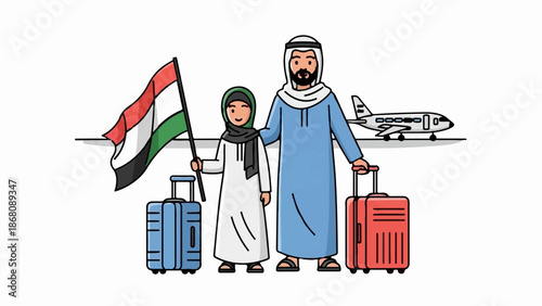 A father and daughter stand with luggage and a flag, ready to board an airplane