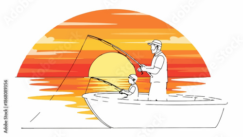 A father and son fish from a boat as the sun sets over the water