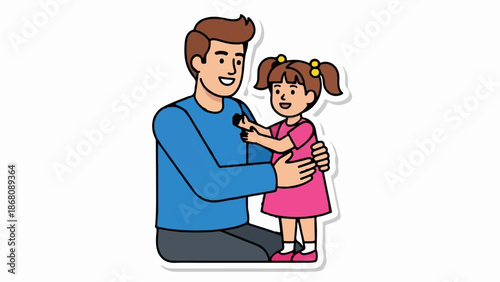 A father hugs his daughter, who is wearing a pink dress and pigtails