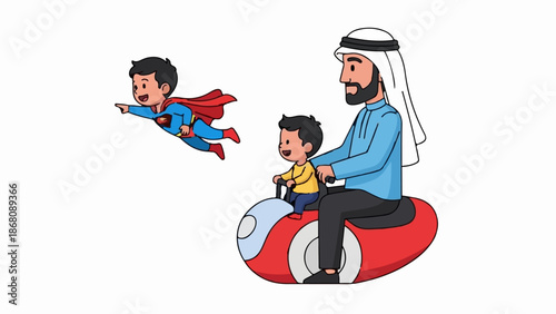 A father in traditional attire gives a child a ride on a futuristic vehicle, while another child soars as a superhero
