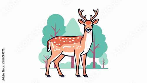 A fawn with spotted fur stands in a stylized forest of green trees