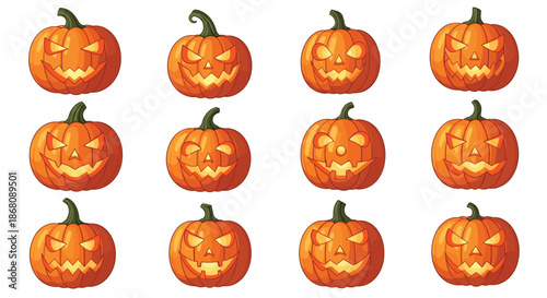 Array of carved halloween jack-o-lantern pumpkins with various spooky and funny expressions is shown on a white background for holiday use.