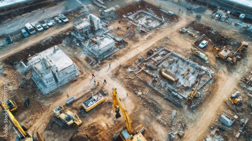 Aerial view of busy construction site with excavators and building foundations, 4k video