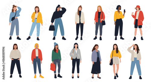 Group of diverse women in stylish modern outfits are standing together in a flat illustration style, representing fashion and friendship.