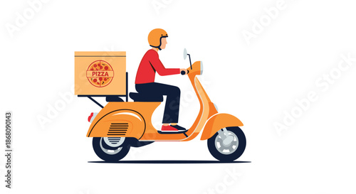 Professional delivery person on a bright orange scooter carries a pizza box, representing efficient and fast food delivery services.