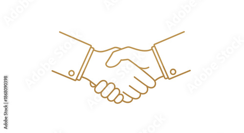 Gold outline of two hands shaking in a firm handshake symbolizes partnership, agreement, trust, and successful business cooperation.