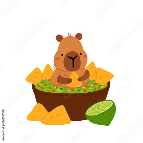 Cute capybara with avocado and guacamole illustration set with funny cartoon animal characters. Mexican food, nachos, lime and jalapeno. Healthy lifestyle flat vector design