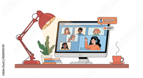 Modern workspace setup features a computer screen displaying a video call with multiple participants, a desk lamp, and a coffee mug.