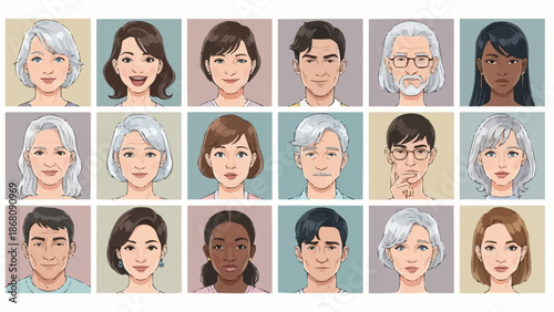 Diverse Group of People Portraits Cartoon Style.