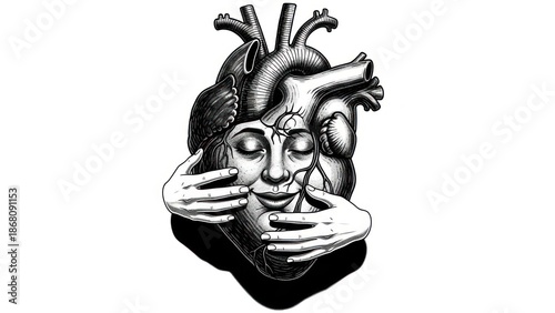 Artistic illustration of the human heart with face and hands