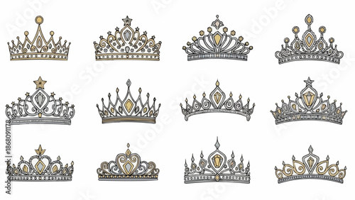 Collection of Twelve Ornate Diamond Tiara Crowns on White Background.