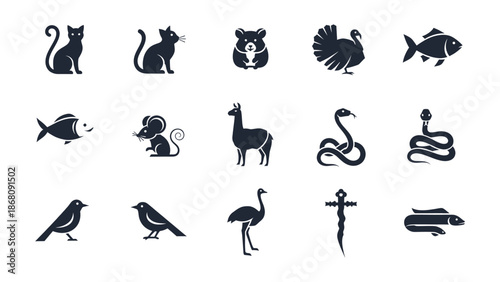 Animal icon collection featuring silhouettes of cats, birds, fish, snakes, and more