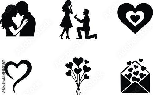 Elegant silhouette vector icons set depicting love romance relationships and special occasion moments like proposals