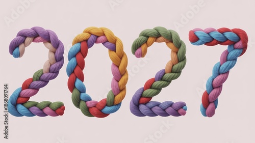Colorful Braided Yarn 2027 New Year Celebration Design Element Vibrant Pastel Tones Festive Decorative Typography