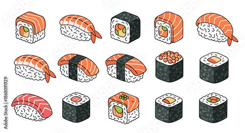 Large assortment of various sushi types including different rolls and nigiri displayed together in a colorful food-themed set.