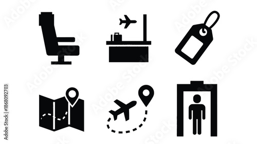 A set of black icons representing travel and transportation concepts