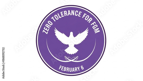 A purple and white vector graphic icon promoting zero tolerance for female genital mutilation on February 6.