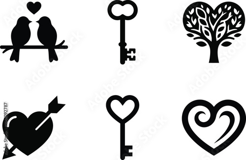 Varied Love and Romance Silhouette Icons Collection Featuring Hearts Birds and Keys for Design