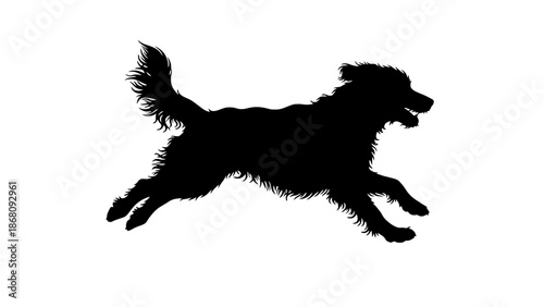 A black silhouette of a dog running on a white background