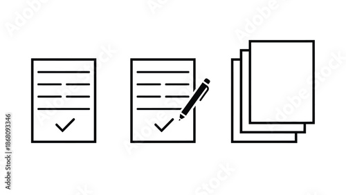 A simple black and white illustration of checklist icons and paper documents