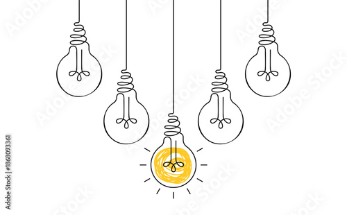 Hanging light bulbs with one glowing on white background. Continuous line drawing light bulb. Concept of idea
