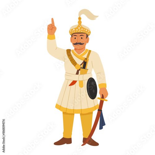 King Prithvi Narayan Shah illustration, Great Unifier of Nepal historical figure in traditional Gorkhali dress.