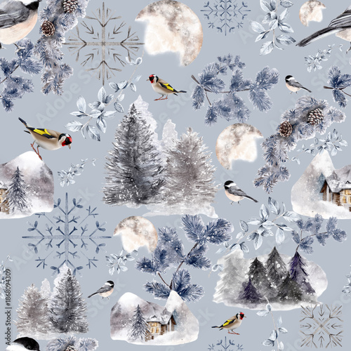 Winter and Birds Seamless Pattern for Print