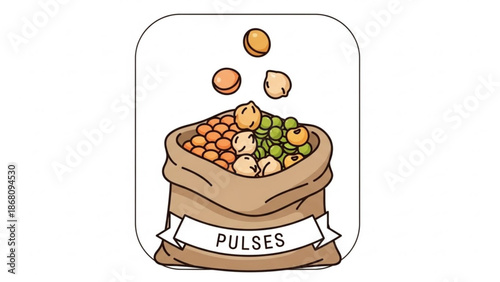 A vector graphic illustration of a burlap bag filled with various pulses and legumes