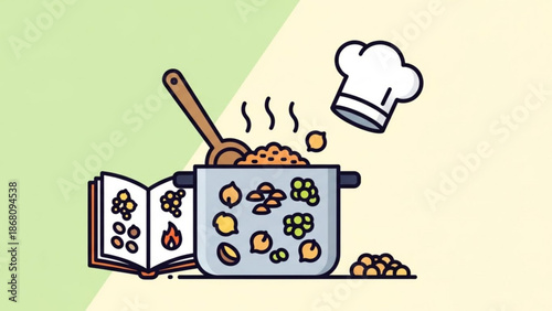 A vector graphic illustration of a pot with food and a chef's hat
