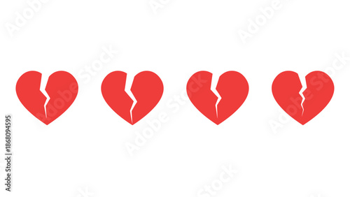 A row of broken red hearts on a white background symbolizing love and heartbreak