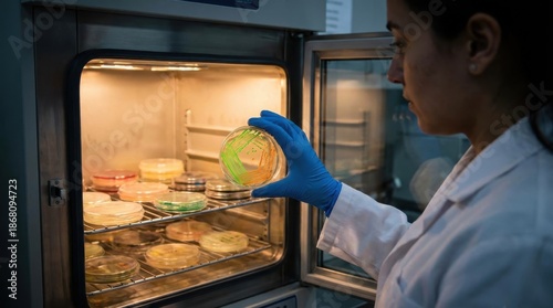 Scientist Examining Petri Dish with Bacterial Cultures in a Laboratory Incubator