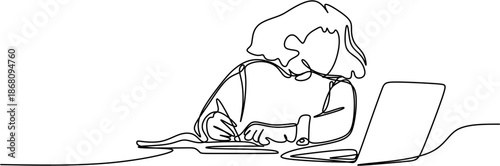 Continuous one line drawing of a woman writing in a notebook with a laptop on the desk. Minimalist girl studying or working online. Freelancer at home concept.