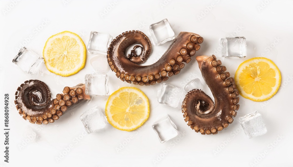 Fototapeta premium Octopus tentacles with fresh lemon and ice cubes