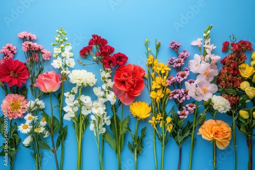 Colorful assortment of beautiful flowers displayed in a row against a bright blue background creates a vibrant and lively atmosphere for floral enthusiasts