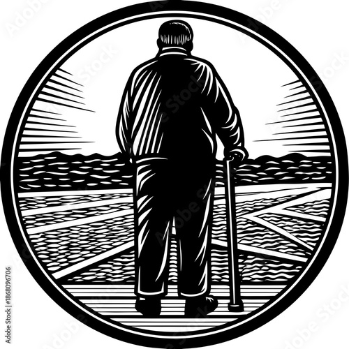 Elderly man walking with cane