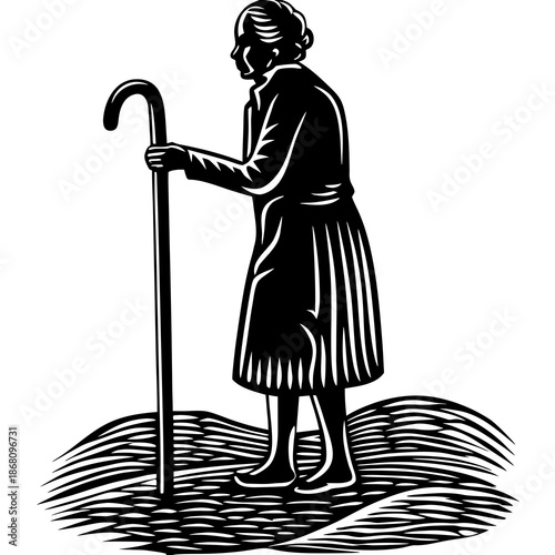 Elderly woman with walking stick