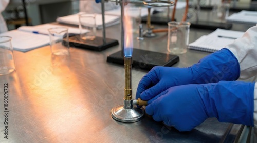 Scientist in blue protective gloves lighting a Bunsen burner during a practical experiment in a chemistry laboratory setting.