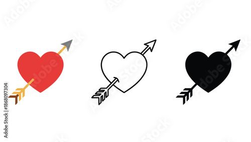Hearts pierced by arrows in red, black, and outline styles