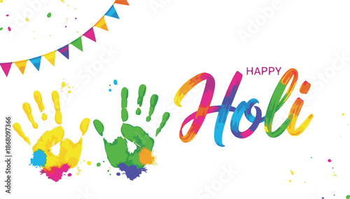 Vibrant happy holi celebration with colorful handprints and decorations
