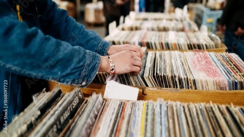 Hands flip through vinyl records hunting for rare finds in a music shop