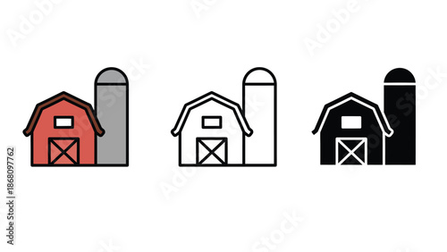 Farm buildings with silos in red, white and black