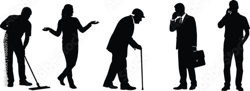 Human activity silhouettes, cleaning, business, elderly, casual pose, vector illustration, editable design, isolated figures, lifestyle concept, icons