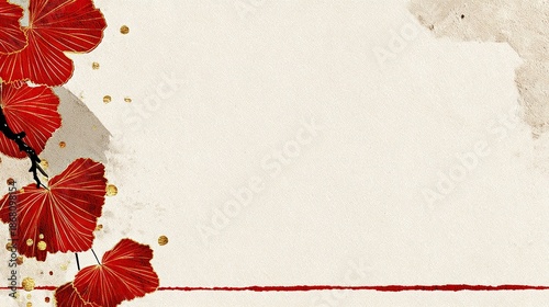 Red and gold border on white paper texture, featuring a flat design and minimalist background, adorned with traditional patterns, high resolution and high quality