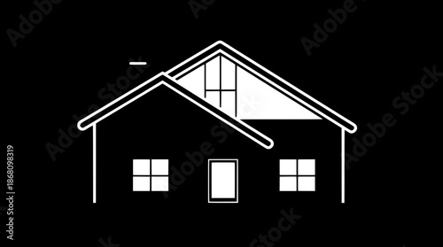 Black home silhouette icon with clean lines and simple shapes, featuring white interior linework that defines the home's architectural details, presented in a flat minimalist vector style, with a fron