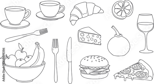 Hand drawn brush arrow direction icon set, Hand drawn fast food sushi dessert icon set.
