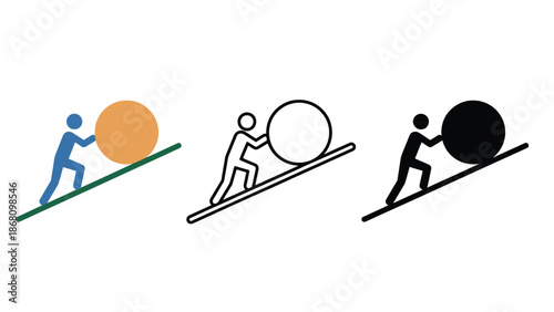 People pushing large balls uphill in different colors and styles